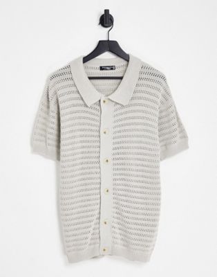 Mennace knitted button through polo in beige