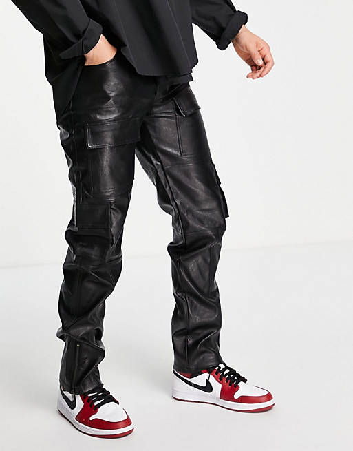 Mennace leather look cargo trousers in black