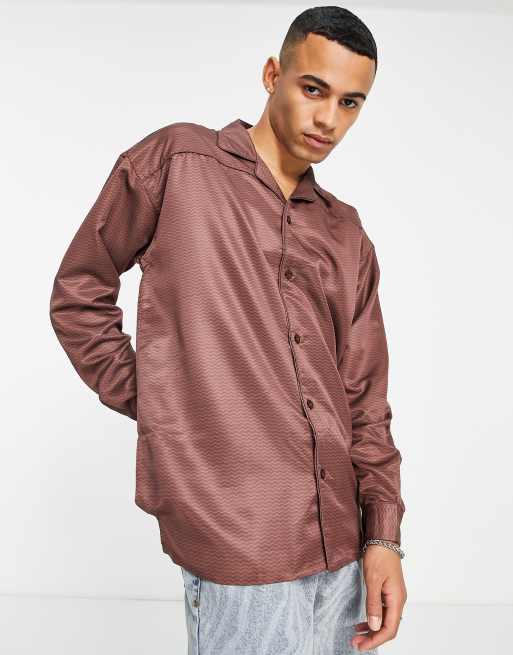 Mennace long sleeve shirt in dark brown with geometric print and revere collar