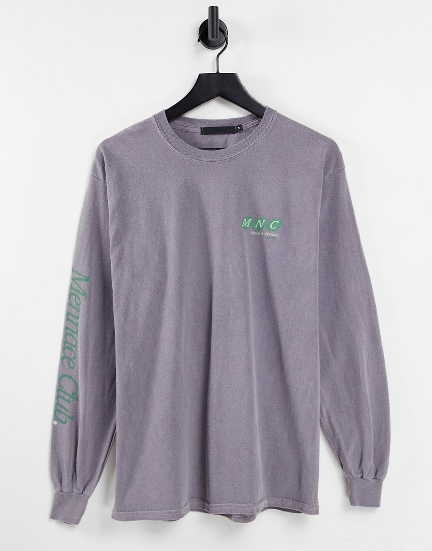 Mennace long sleeve T-shirt in washed purple with chest and sleeve print