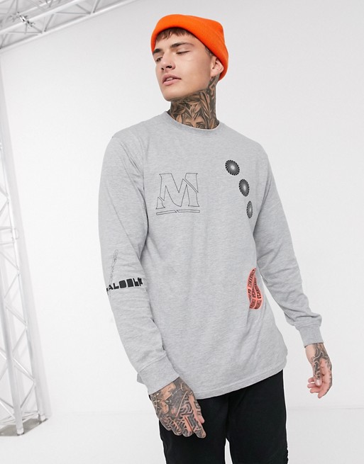 Mennace long sleeve t-shirt with graphic print in grey