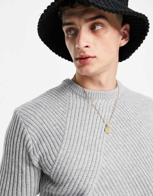 Mennace - Maglione extra largo grigio con coste diagonali, 3 di 4