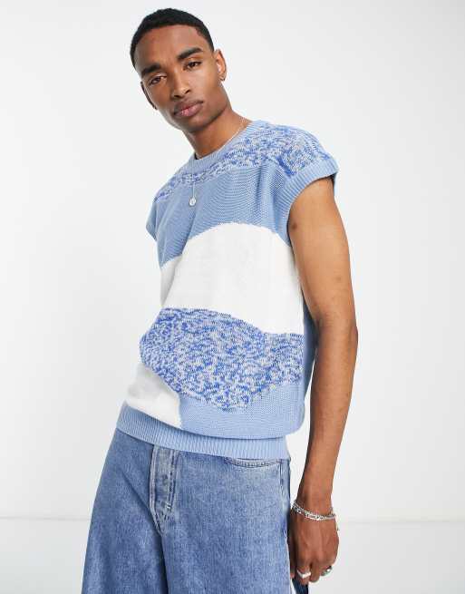Mennace mixed texture knitted singlet in blue and white