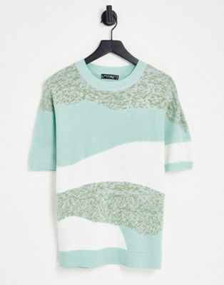 Mennace mixed texture knitted t-shirt in green and white