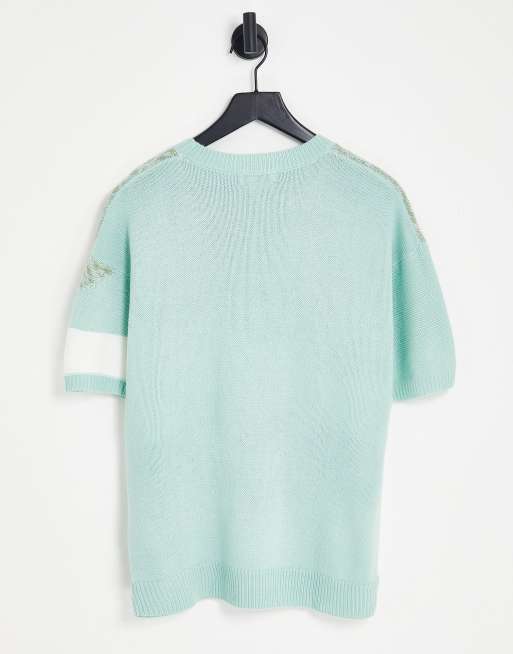 Mennace mixed texture knitted t-shirt in green and white, 4 of 4