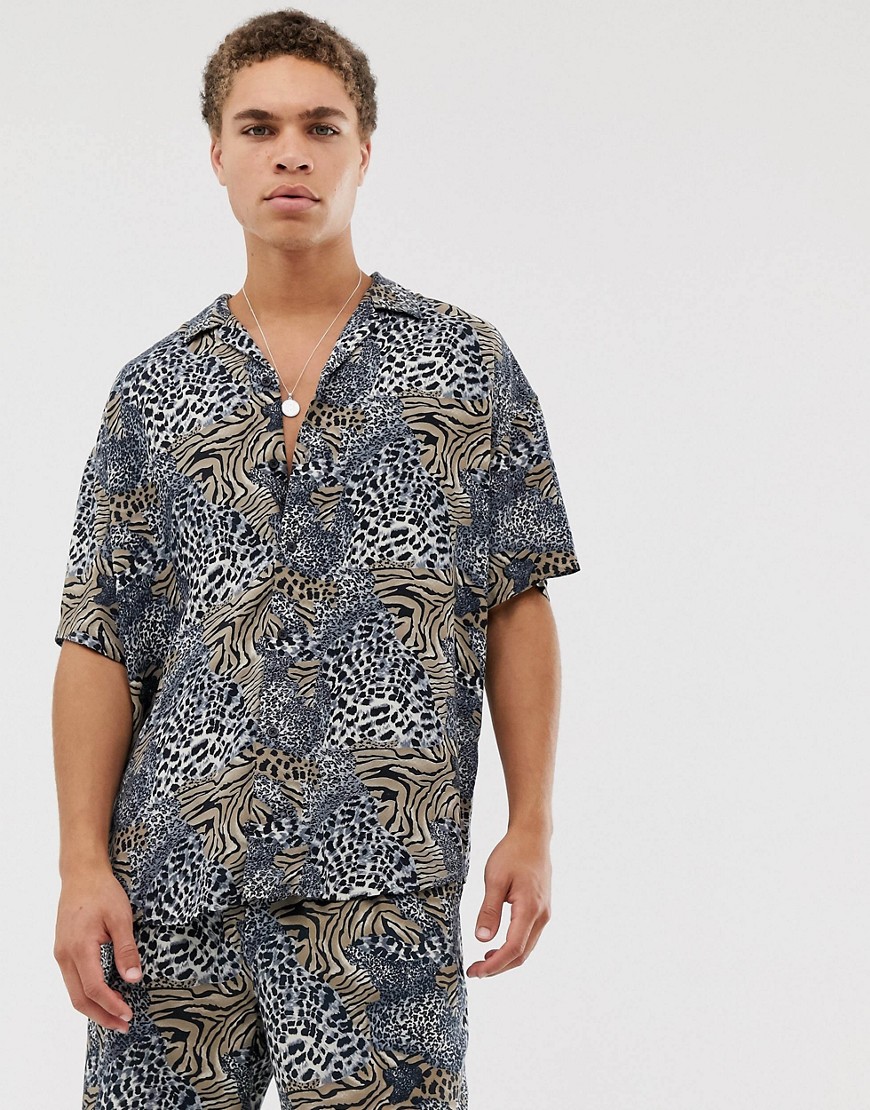Mennace - Overhemd met reverskraag en dierenprint, combi-set-Beige