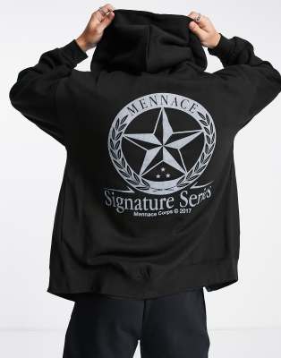 Mennace – Oversize-Kapuzenjacke in verwaschenem Schwarz mit „Signature Series“-Print und durchgehendem Reißverschluss, Kombiteil