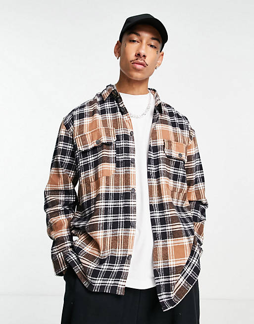 Mennace oversized flannel shirt in beige and blue