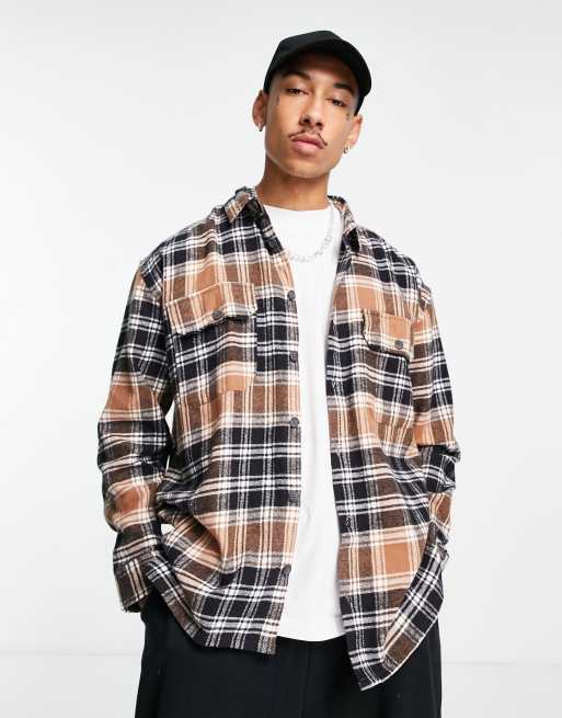 Mennace oversized flannel shirt in beige and blue ASOS