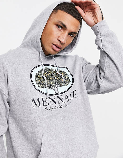 Mennace oversized hoodie in grey with fruit tree placement print