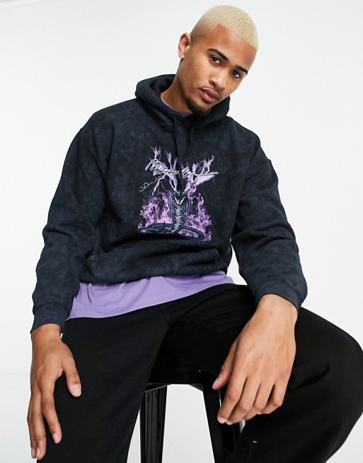 Mennace oversized hoodie in washed black with retro snake placement print
