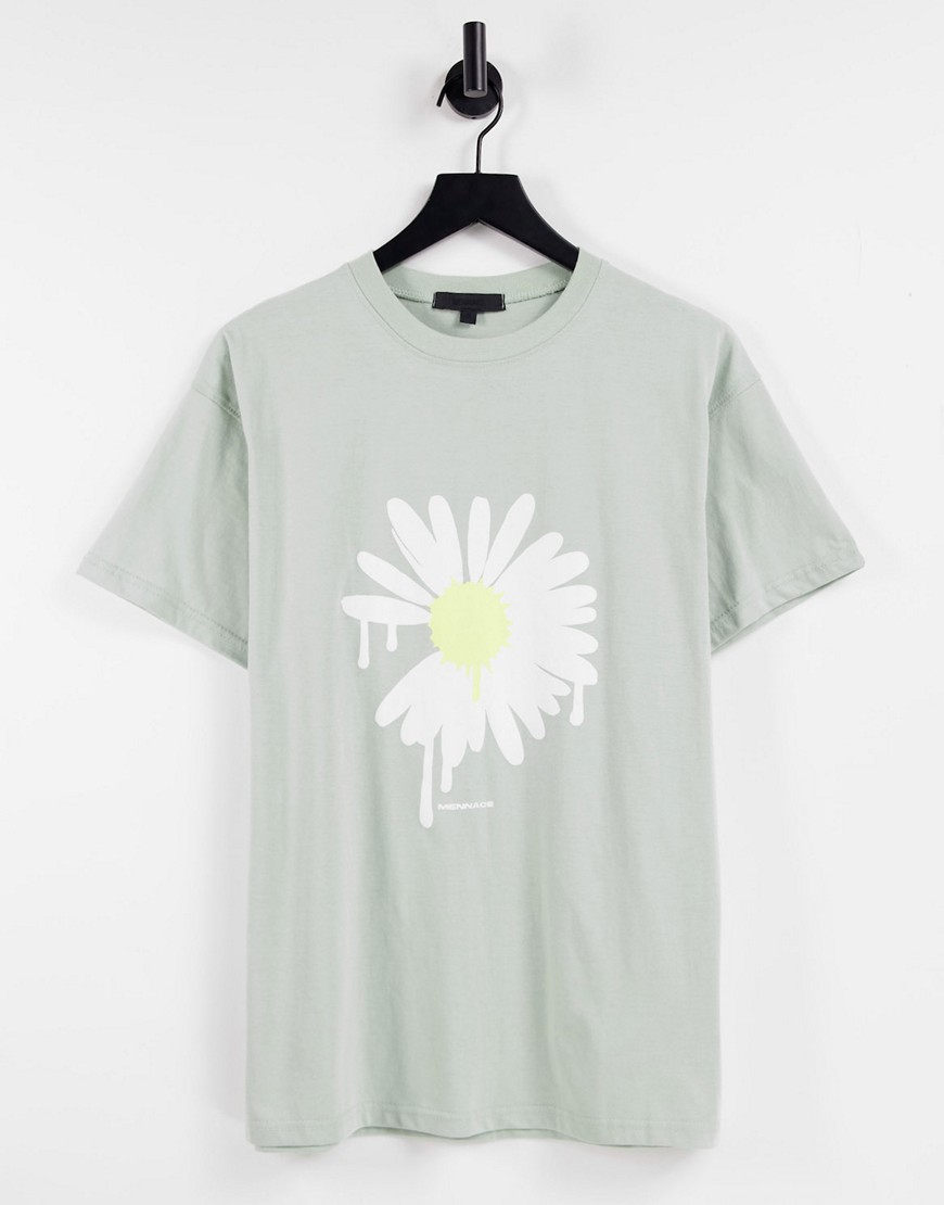 Mennace - Oversized T-shirt i støvet grøn med blomsterprint - Del af sæt