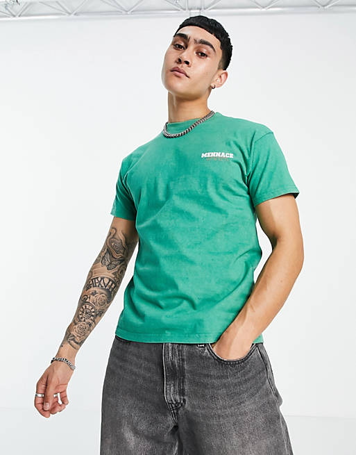 Mennace oversized t-shirt in washed green with varsity chest and back print