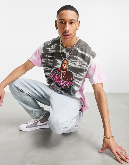 Mennace oversized t-shirt with Biggie Smalls print in pink tie dye