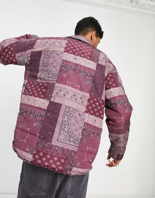 Mennace padded overshirt in burgundy patchwork paisley, 2 of 4
