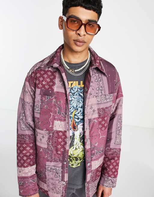 Mennace padded overshirt in burgundy patchwork paisley, 3 of 4