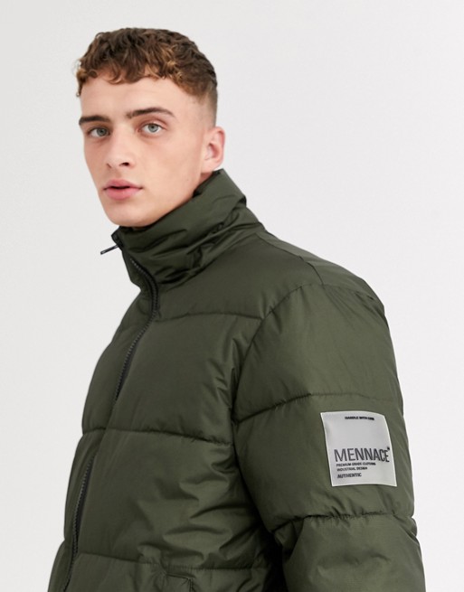 Mennace puffer jacket in khaki with panel