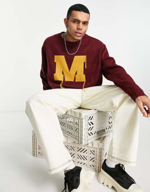 Mennace - Pull en maille à motif style universitaire brodé rouille - Bordeaux