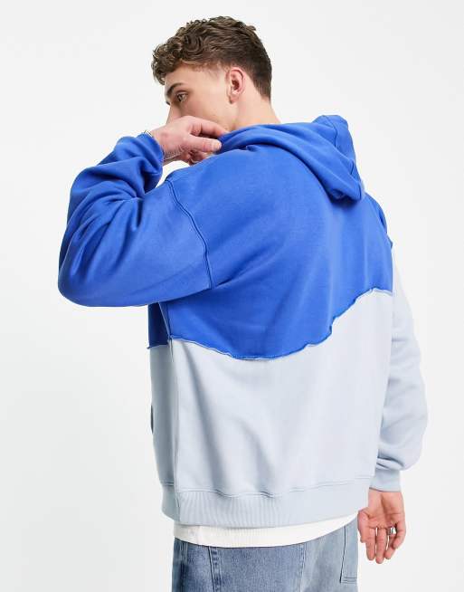 Mennace relaxed hoodie in two tone blue with exposed seam detail, 2 of 4