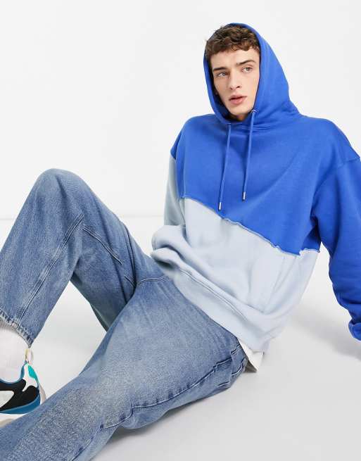 Mennace relaxed hoodie in two tone blue with exposed seam detail, 3 of 4