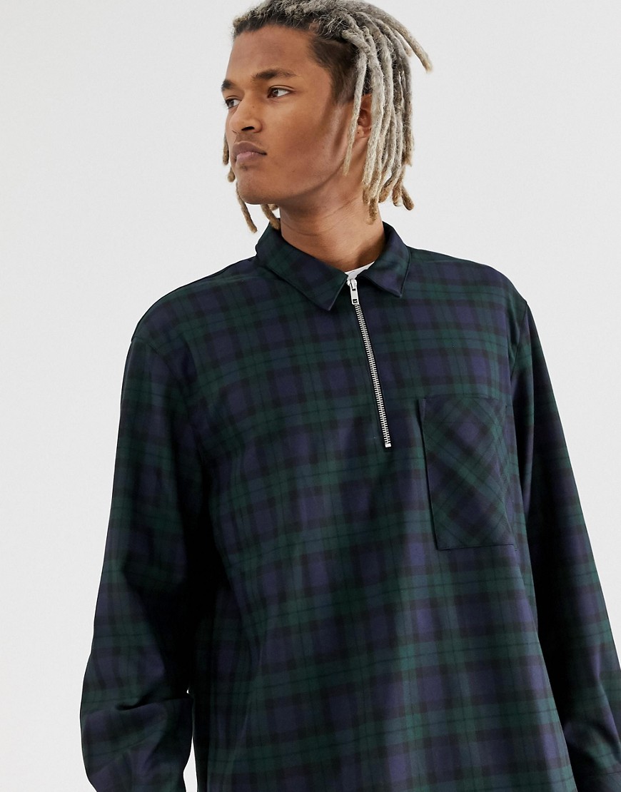 Mennace – Rutig skjorta i oversize-modell med halv dragkedja-Grön