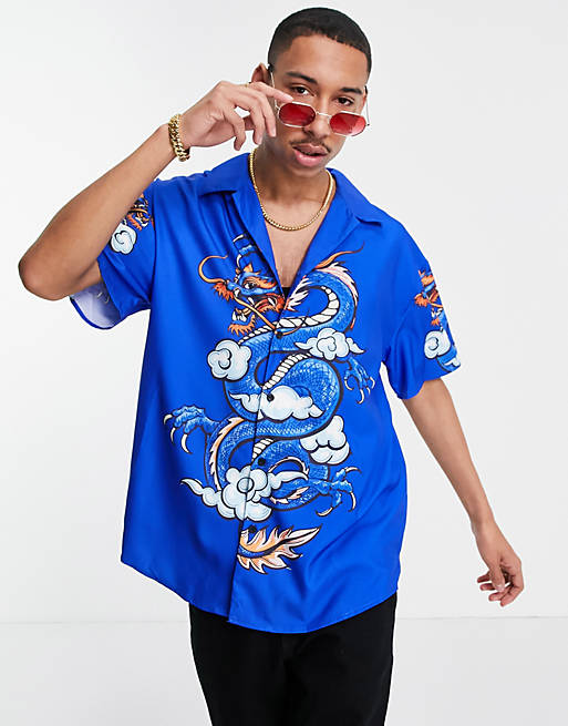 Mennace sateen dragon print shirt in blue