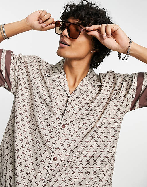 Shirts Mennace short sleeve shirt in light brown with monogram print and revere collar 