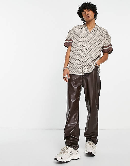 Shirts Mennace short sleeve shirt in light brown with monogram print and revere collar 