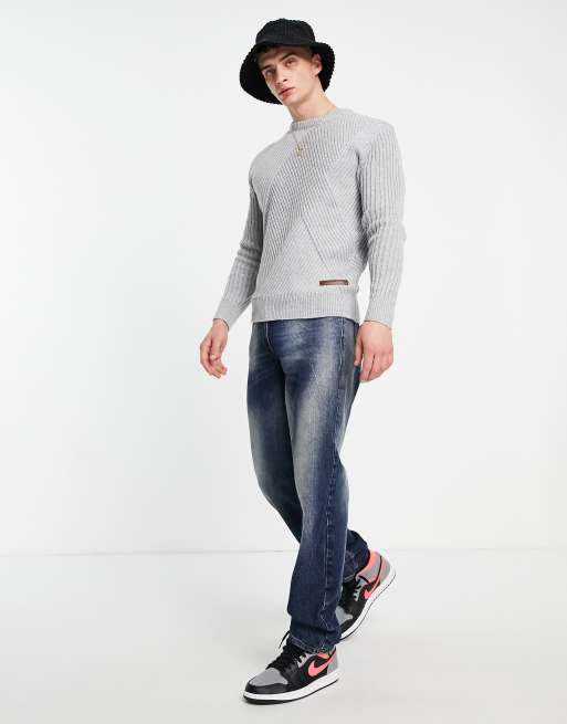Mennace slouch knitted jumper in grey with diagonal rib detail, 4 of 4