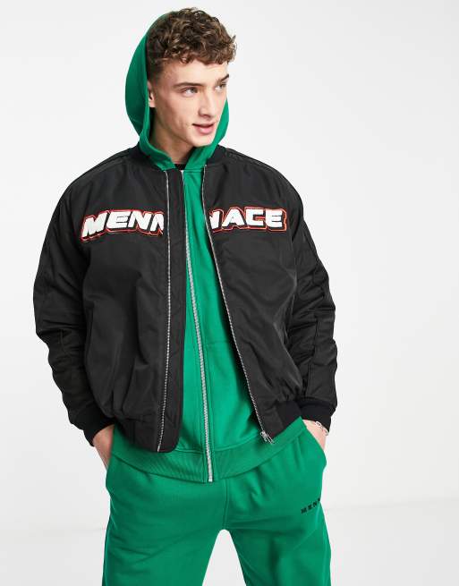 stum Et kors betaling Mennace - Sort bomber-jakke med logo i satin | ASOS