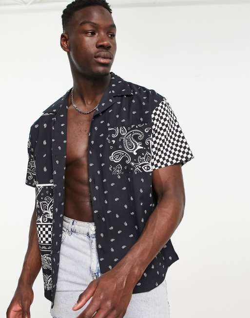 Mennace - Sort skjorte med reverskrave, patchwork-design og paisley-print - Del af sæt