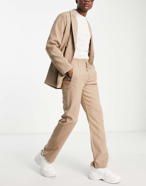 Mennace straight leg suit pants in beige with hem zip detail