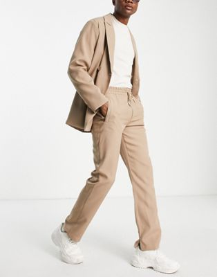 Mennace straight leg suit trousers in beige with hem zip detail