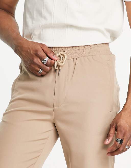 Mennace straight leg suit trousers in beige with hem zip detail, 3 of 4