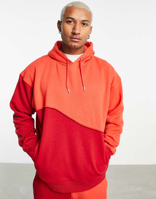 Mennace - Sweat à capuche d'ensemble décontracté bicolore avec coutures apparentes - Rouge