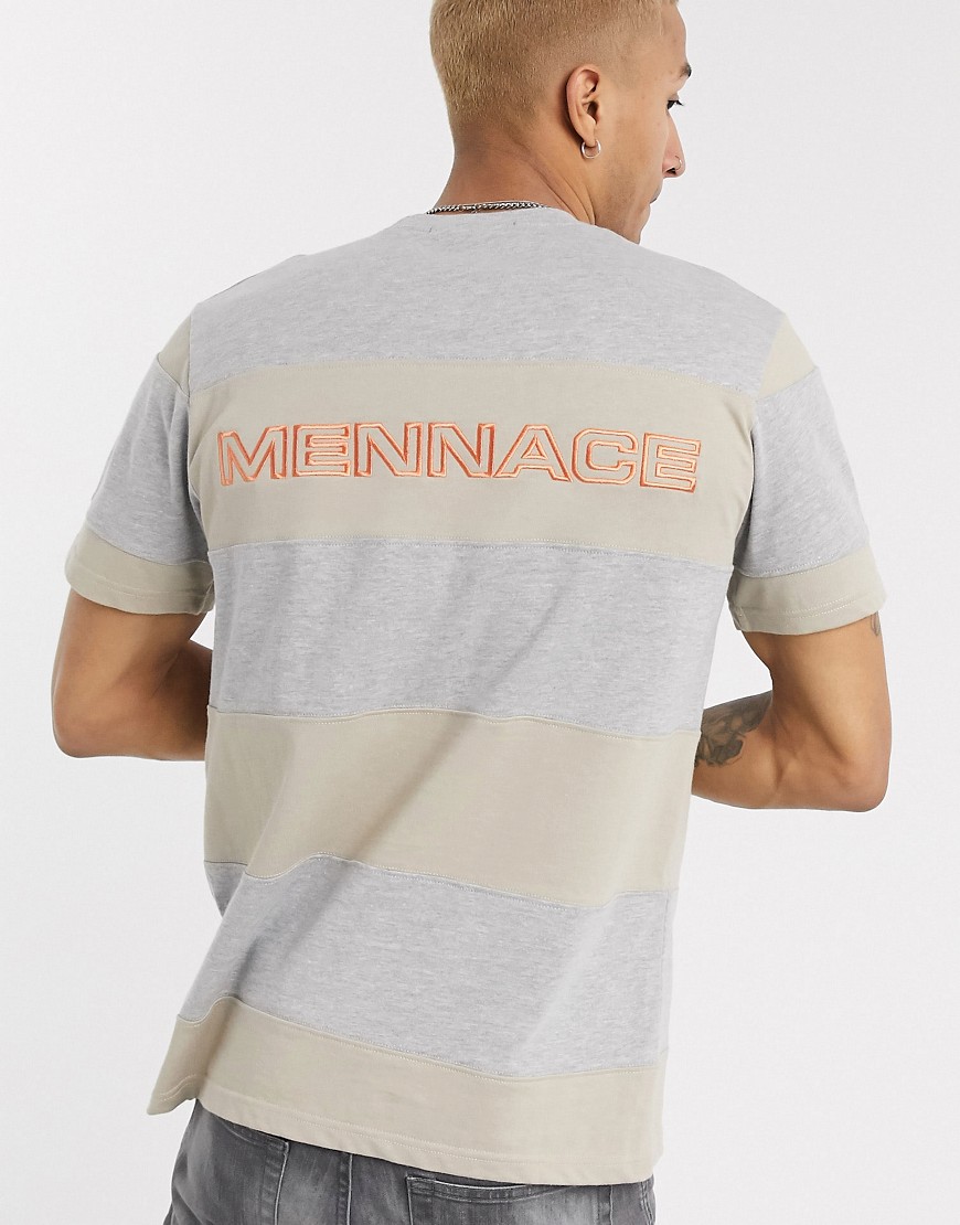 Mennace - T-shirt color pietra e bianco a righe con logo sul retro