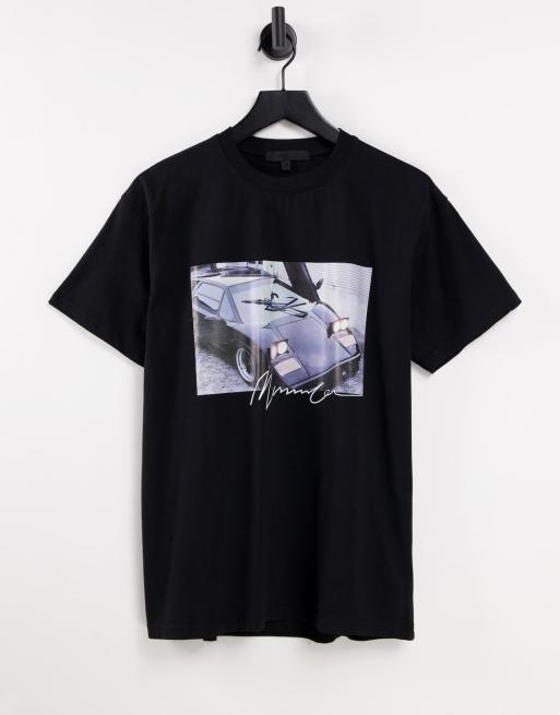 Mennace - T-shirt met autoprint op borst en logoprint op rug in zwart