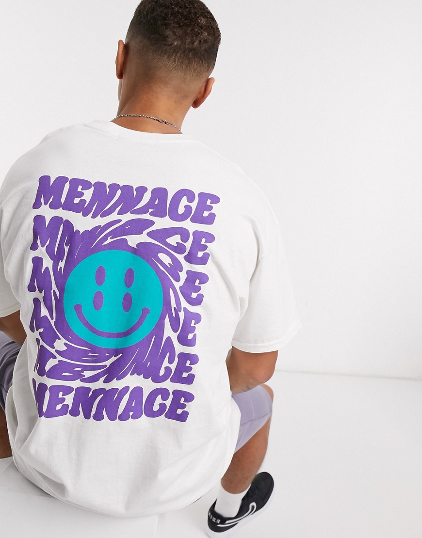 Mennace - T-shirt met gedraaide smileyprint op de rug in wit