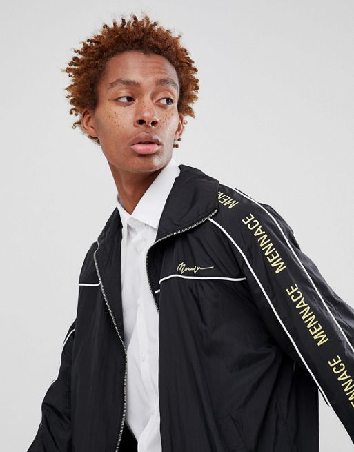 Mennace track jacket in black shell suit with signature side stripe