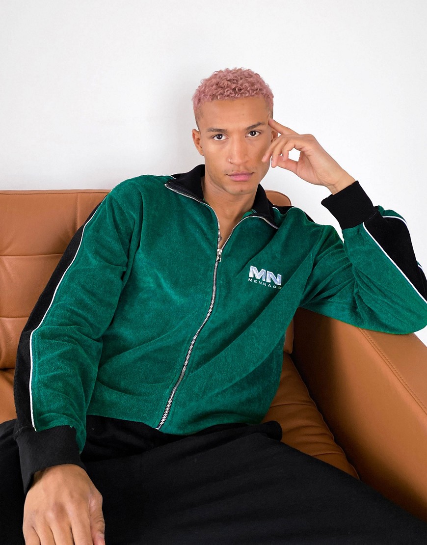 Mennace track jacket in green terry with side stripe and piping - part of a set