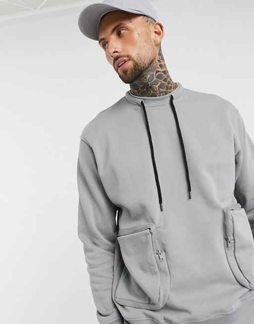 Mennace utility sweatshirt with neck cord getail in grey
