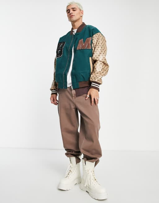 Mennace varsity bomber jacket in forest green with multiple badges and  monogram sleeves