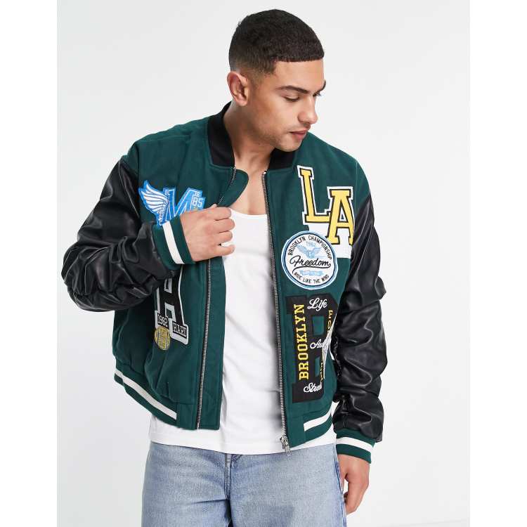 VARSITY BOMBER JACKET WITH PATCHES - Bottle green