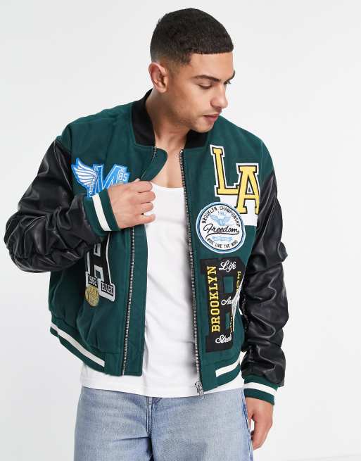 Mennace varsity bomber jacket in yellow with gothic logo