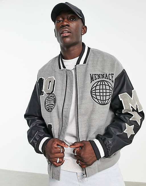 Mennace varsity bomber jacket in grey and black with embroidery and  patches