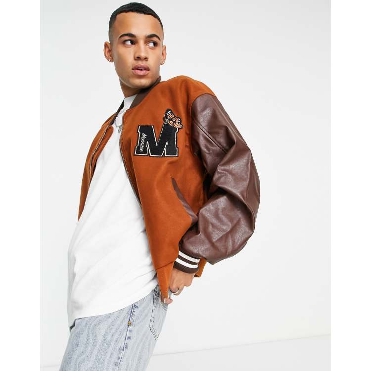 Varsity Bomber Jacket - Embroidered Letterman Jacket, Brown