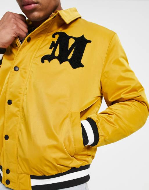 Mennace varsity bomber jacket in yellow with gothic logo