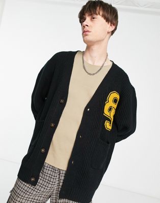 Mennace varsity knitted cardigan in black with green embroidery
