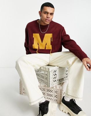 Mennace varsity knitted jumper in burgundy with rust embroidery