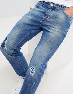 Mennace - Wallace - Blauwe rip & repair jeans met smalle pasvorm